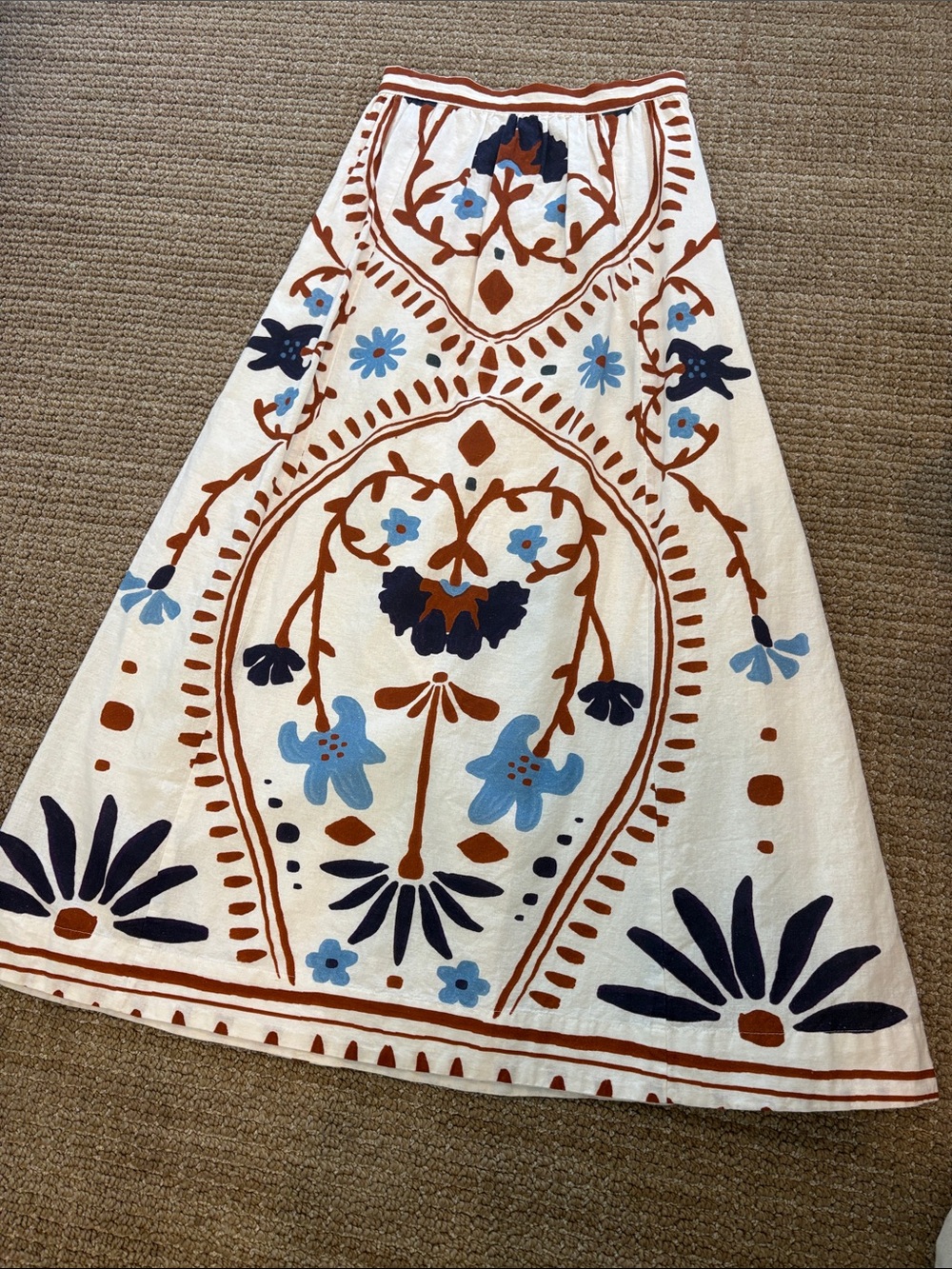 Cleobella Cream Maxi Skirt with Rust, Light Blue & Navy Embroidery